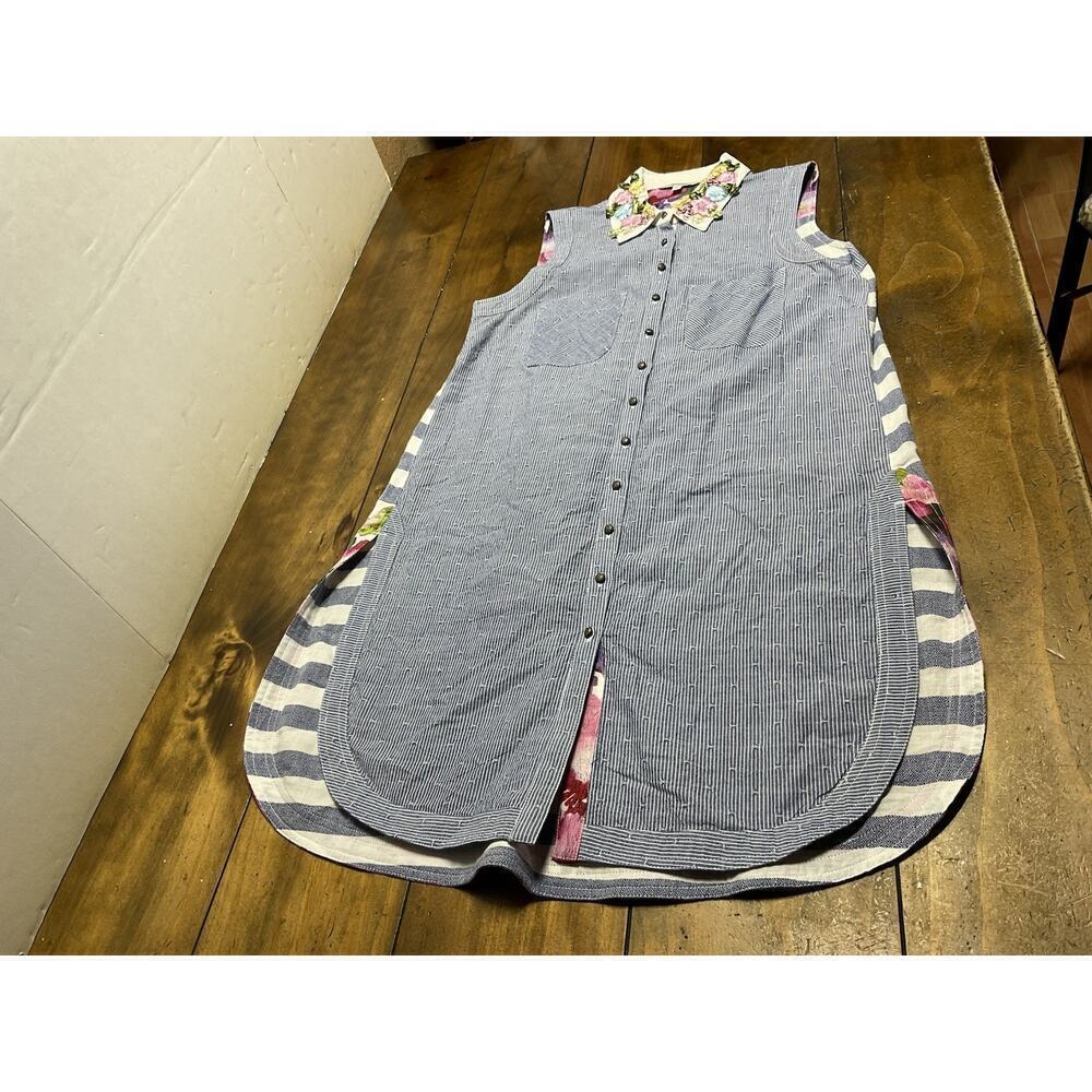 John Mark Blue Floral Trim Striped Chambray Shirt Tunic Dress Size Medium